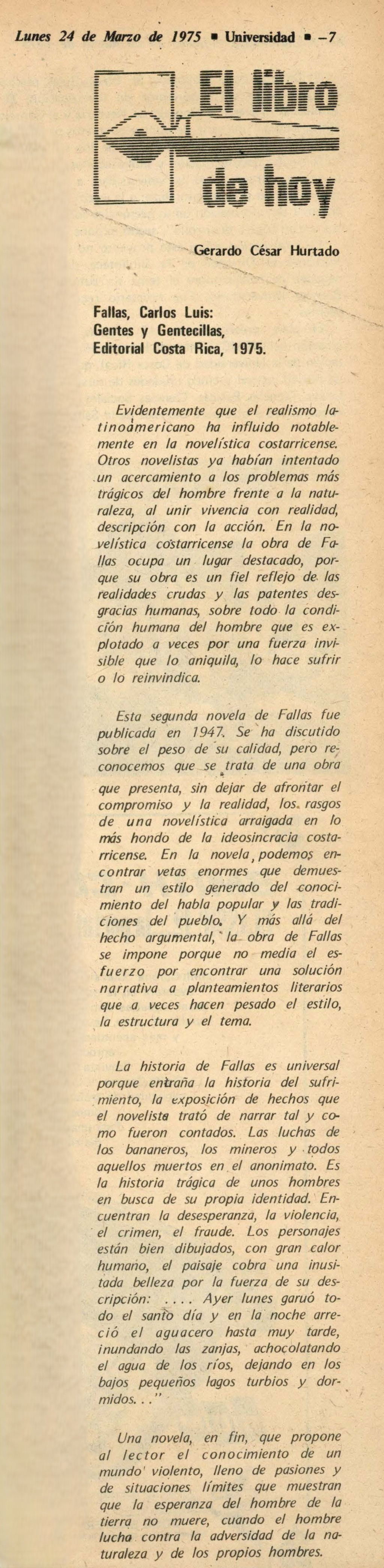 Fuente: Colección Periódico Semanario Universidad, Edición N°190, del 24 de marzo de 1975, pág.7. En custodia en el Archivo Universitario.