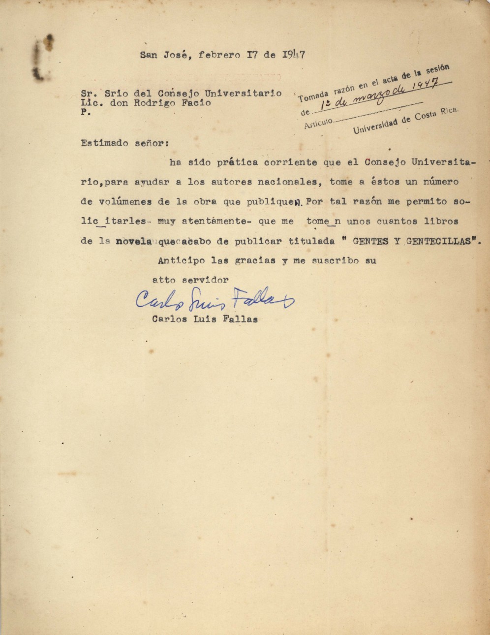 Carta de Carlos Luis Fallas en donde ofrece a la Universidad de Costa Rica la novela titulada: Gentes y Gentecillas, publicada por el, con fecha de 1947-02-17_au-5561