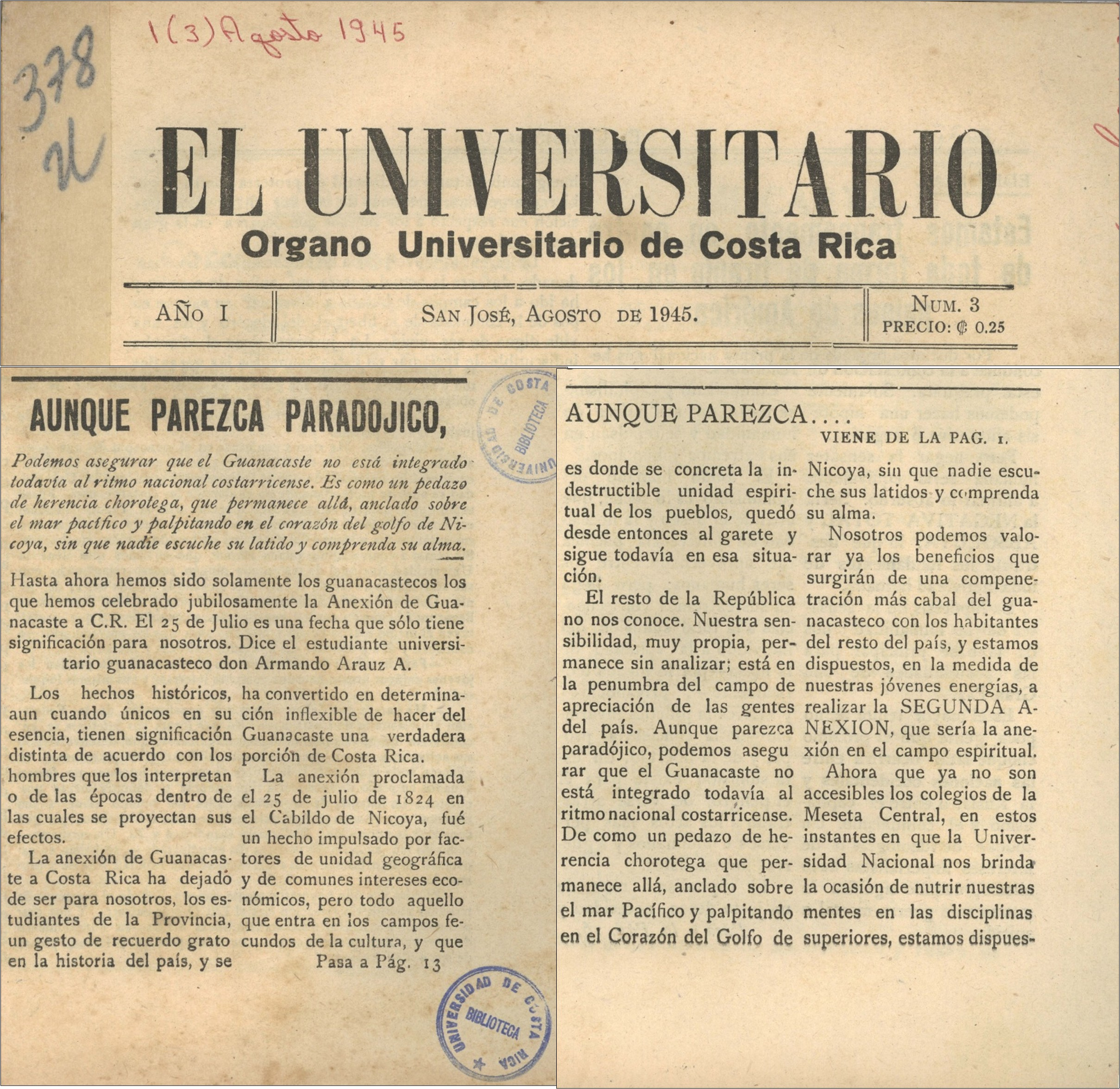 Periódico El Universitario, agosto de 1945, páginas 1 y 13.  En custodia en el Archivo Universitario.
