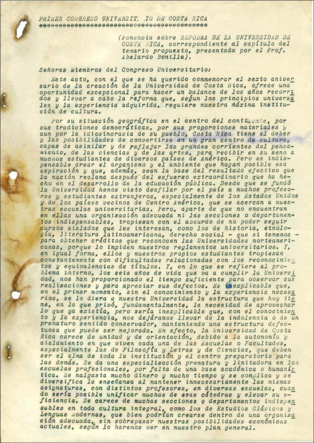 Ponencia sobre Reforma de la Universidad de Costa Rica, presentada por el Prof. Abelardo Bonilla, agosto 1946, página 1.
