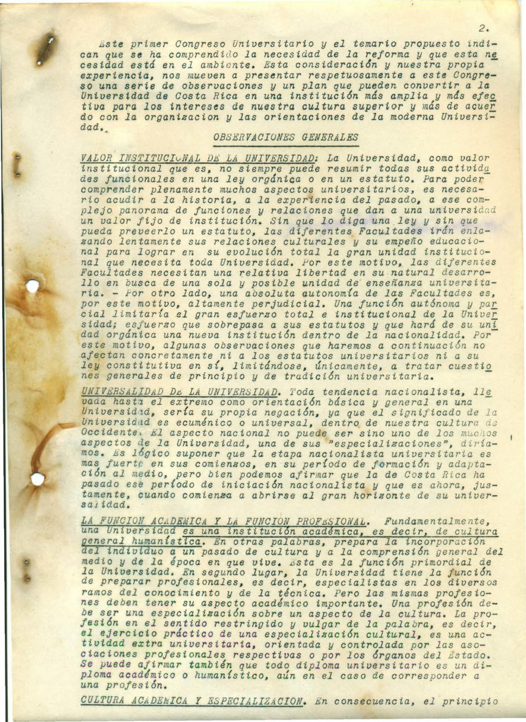 Ponencia sobre Reforma de la Universidad de Costa Rica, presentada por el Prof. Abelardo Bonilla, agosto 1946, página 2.