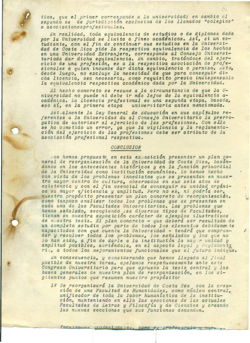 Ponencia sobre Reforma de la Universidad de Costa Rica, presentada por el Prof. Abelardo Bonilla, agosto 1946, página 9.