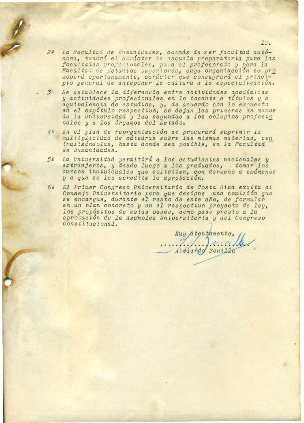 Ponencia sobre Reforma de la Universidad de Costa Rica, presentada por el Prof. Abelardo Bonilla, agosto 1946, página 10.